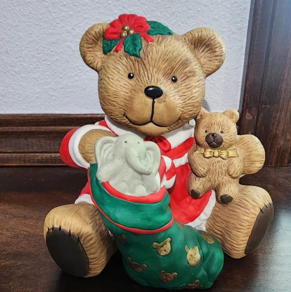VTG RARE St. Nicholas Square TEDDY BEAR Musical Porcelain Figurine Jingle Bells